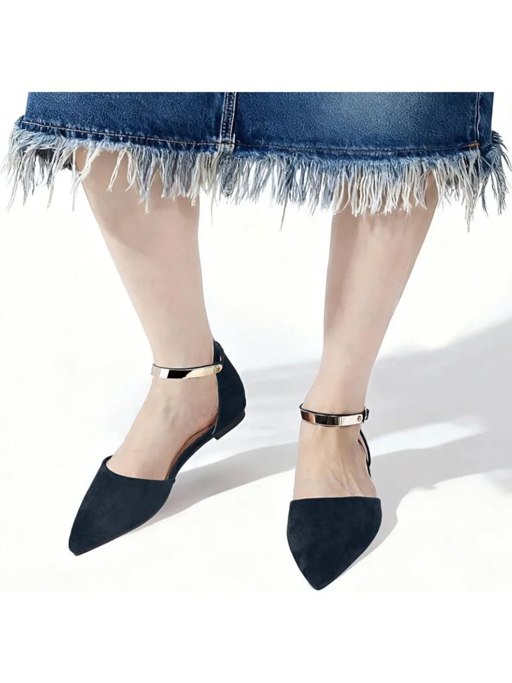 Women's Blue Suede Pointed Toe Flats Fancy Gold Ankle Strap Rhinestone Shoes